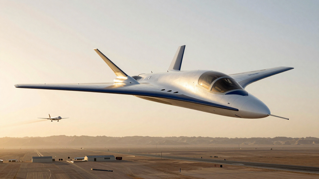 Avião futurista com design aerodinâmico a voar sobre pista e hangar em paisagem de deserto ao pôr do sol.