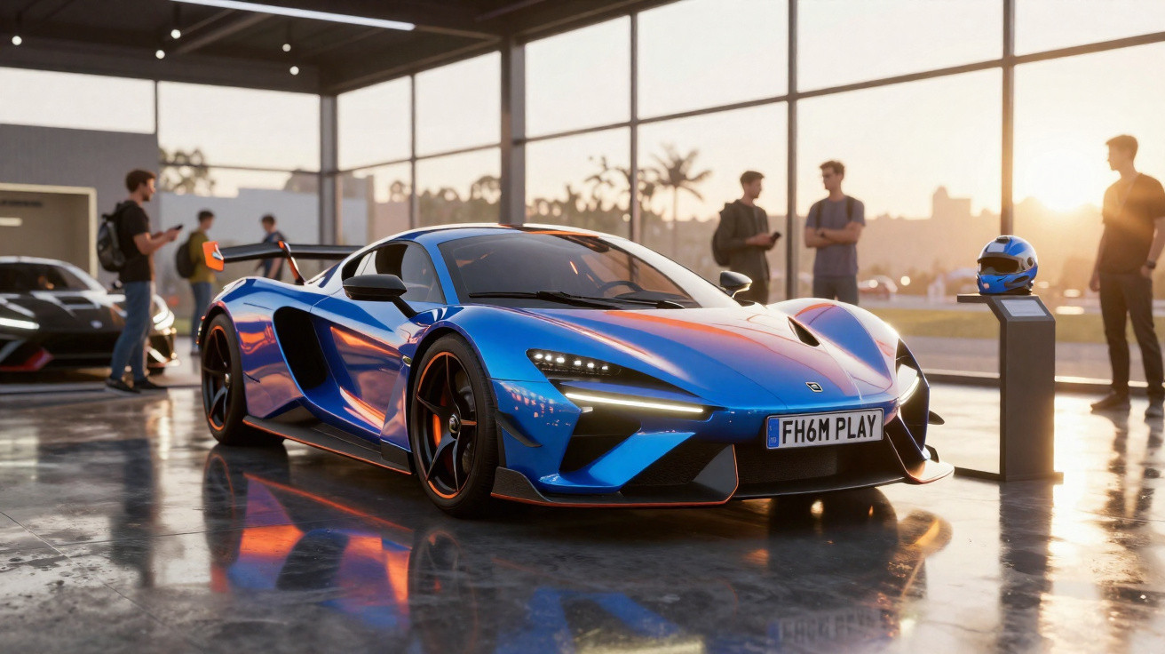 Carro desportivo azul brilhante numa exposição interior com pessoas e reflexos no chão polido.