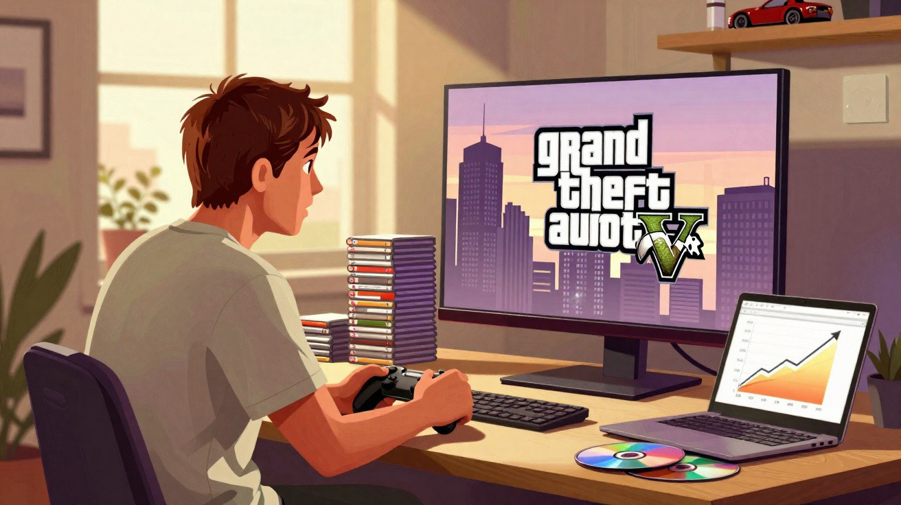 Jovem sentado a jogar Grand Theft Auto V num ecrã com vários jogos e laptop com gráfico na secretária.