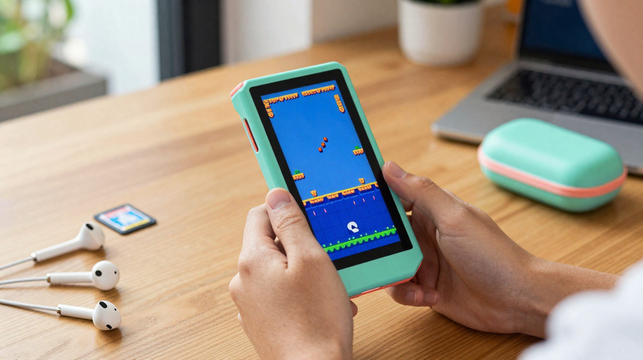 Pessoa a jogar videojogo retro num smartphone verde e banco sobre mesa de madeira.