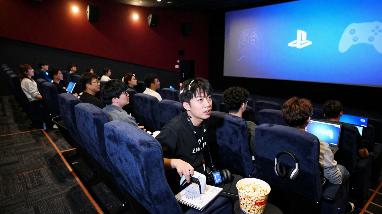 Grupo de pessoas sentadas em sala escura assistindo a apresentação sobre videojogos com ecrã grande e comandos.
