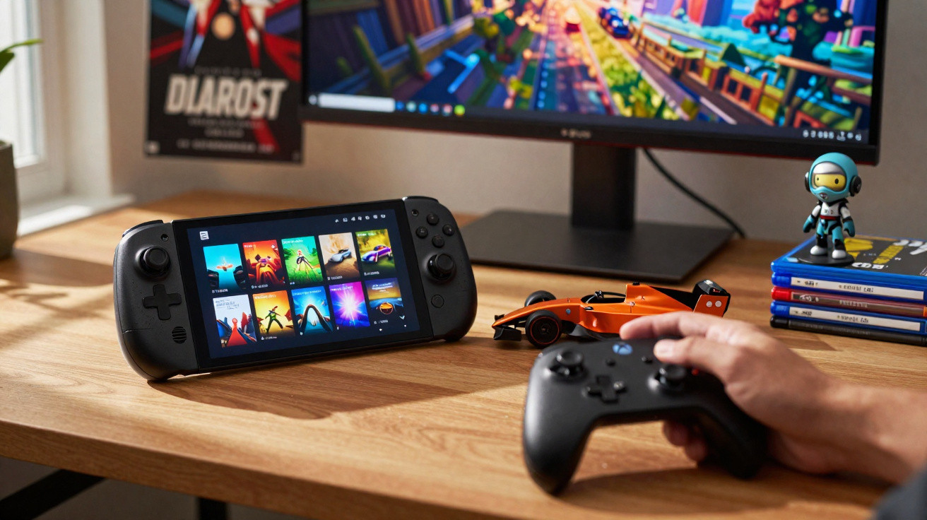 Consola portátil, comando Xbox na mão e monitor de computador com jogo colorido numa secretária de madeira.