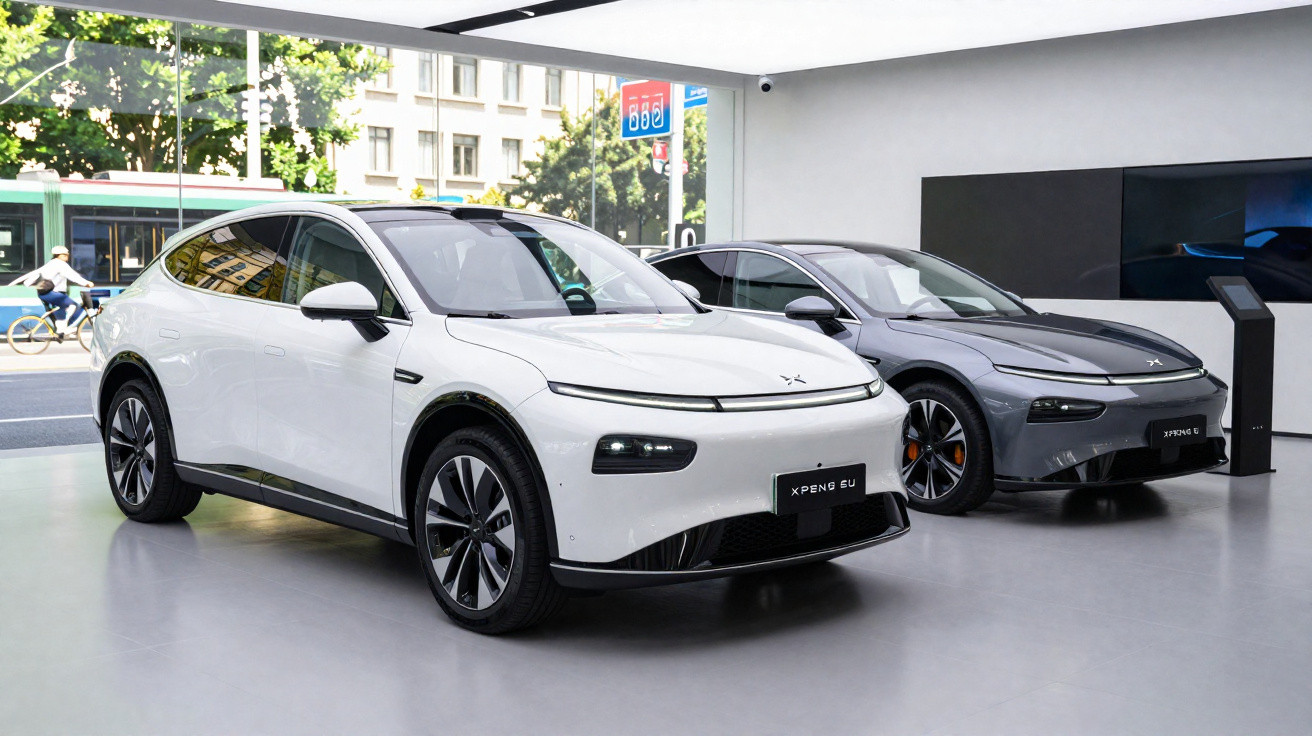 Dois carros elétricos modernos, um branco e outro cinzento, expostos num salão de automóveis.