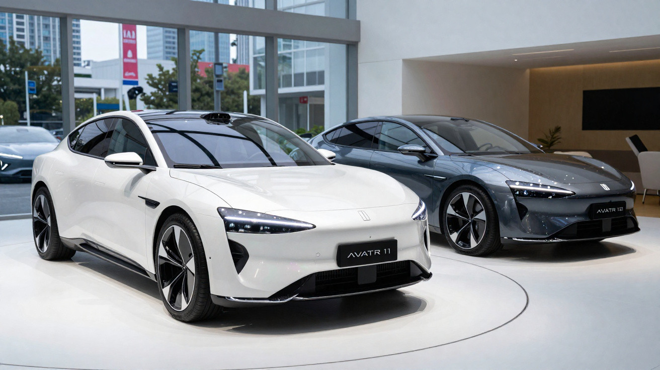 Dois carros elétricos modernos em exposição num salão, um branco à frente e outro cinzento atrás.
