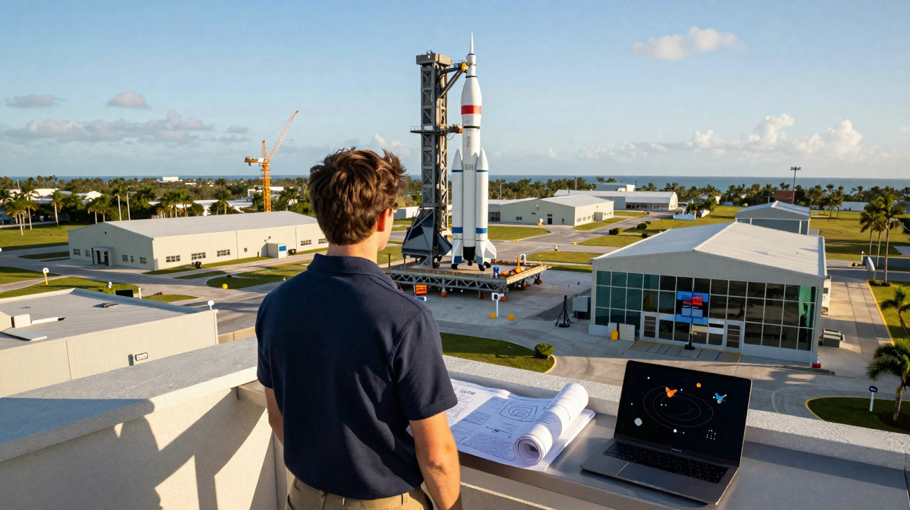 Homem observa foguetão numa base espacial com pranchetas e portátil numa varanda ao amanhecer.