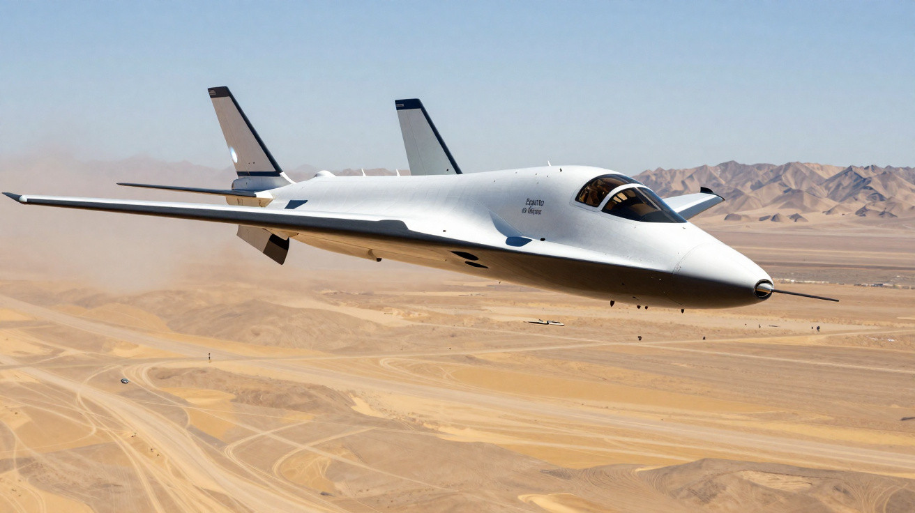 Avião experimental branco com design futurista a voar sobre uma paisagem desértica.