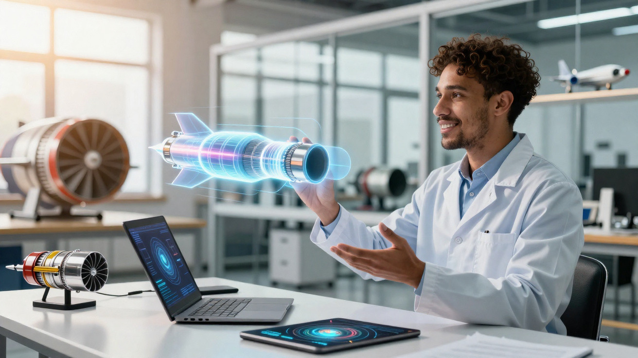 Engenheiro em laboratório a visualizar modelo holográfico de motor a jato no computador.