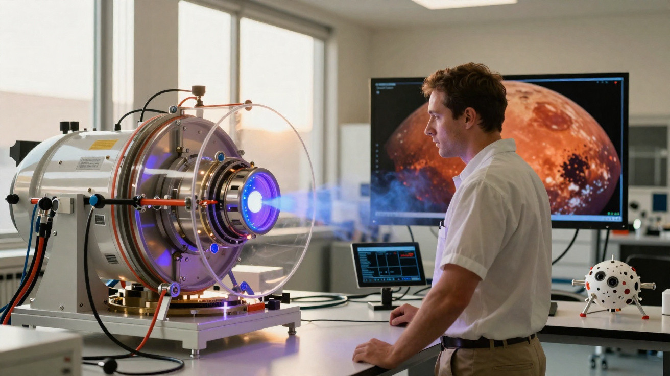 Homem observa motor de foguete a funcionar numa sala de laboratório com imagens do planeta Marte no ecrã.