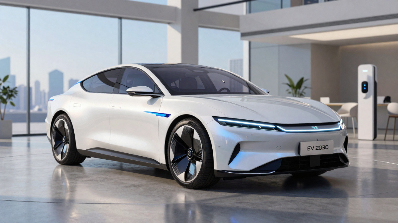 Carro elétrico branco de design futurista estacionado numa garagem moderna com carregador elétrico.