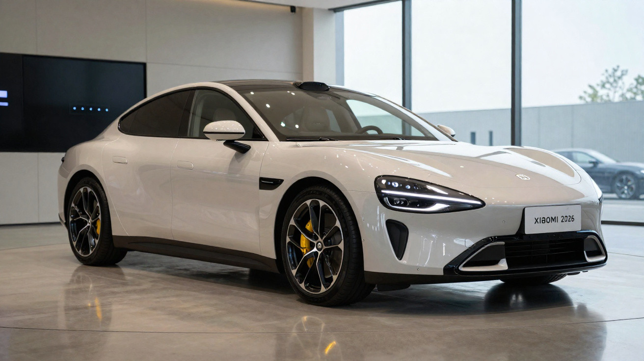 Carro elétrico branco Xiaomi 2026 estacionado em showroom com chão brilhante e amplas janelas.