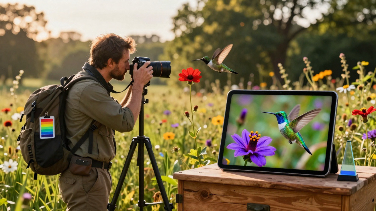 Fotógrafo a tirar foto de um beija-flor junto a um tablet que mostra a imagem da ave numa flor roxa.