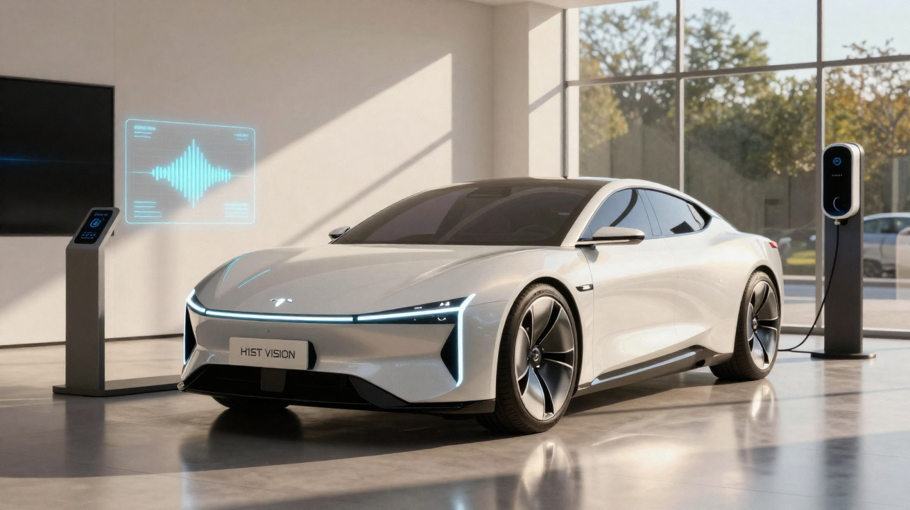 Carro elétrico branco futurista estacionado numa sala moderna com carregador e ecrã digital holográfico.