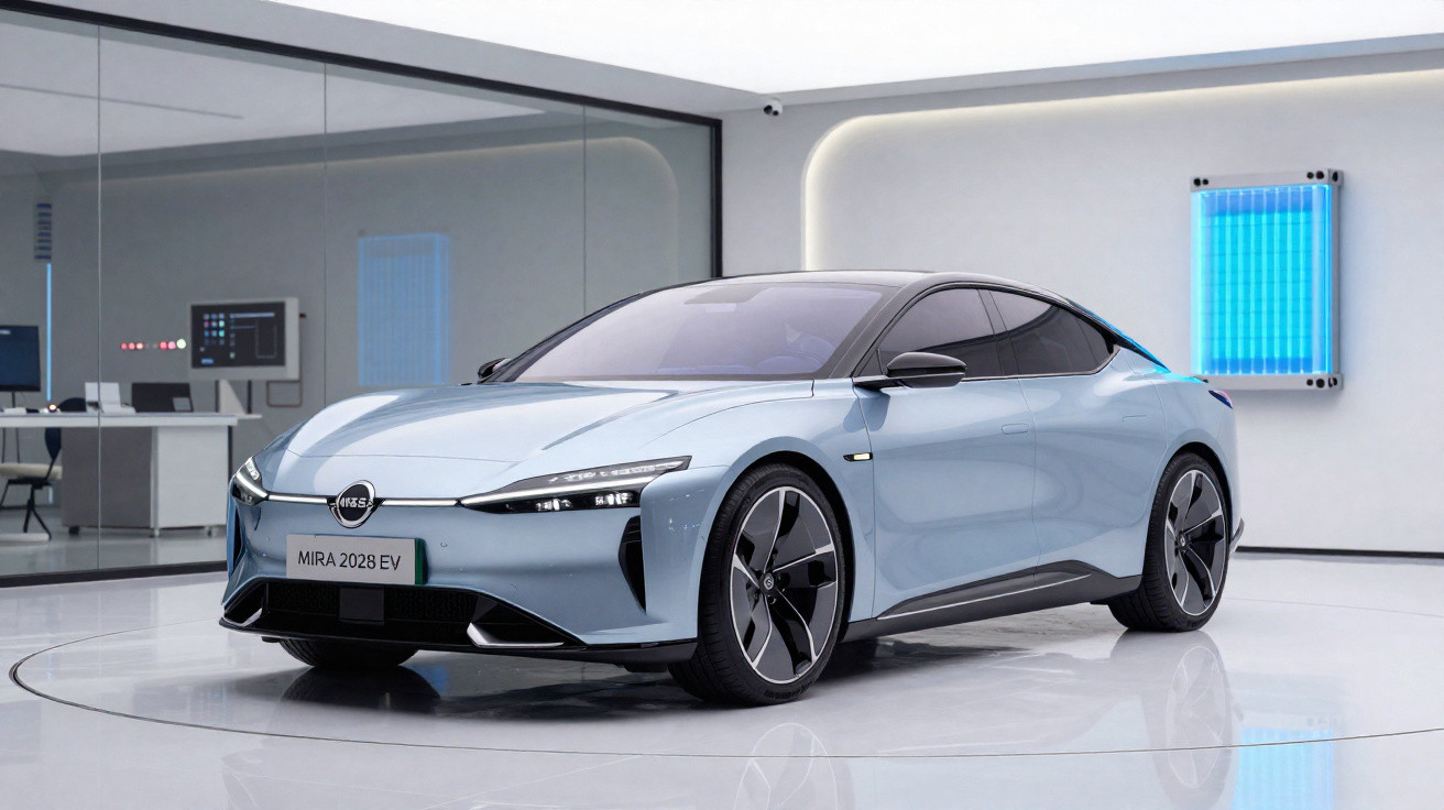 Carro elétrico MIRA 2028 EV prateado num showroom moderno com parede branca e painéis azuis.