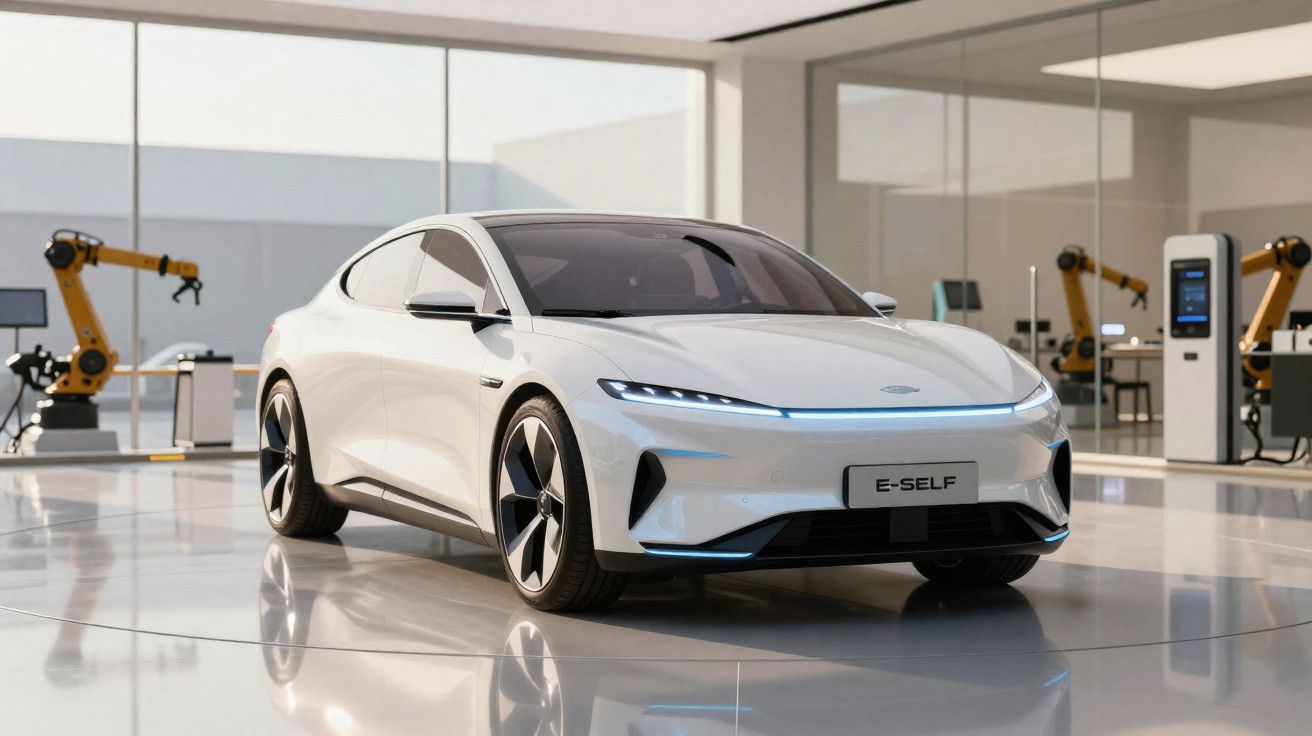 Carro elétrico branco moderno num showroom com braços robóticos e equipamento tecnológico ao fundo.