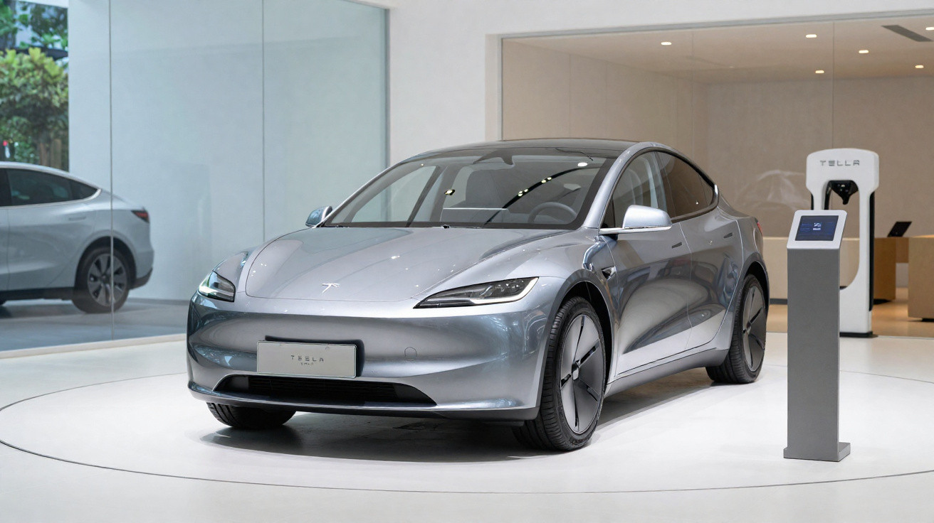 Carro elétrico Tesla cinzento em exposição numa sala moderna com carregador elétrico ao fundo.