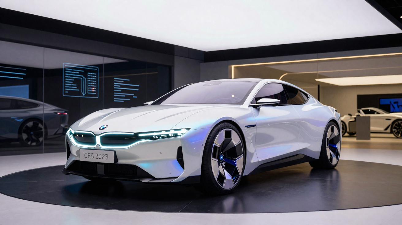 Carro elétrico desportivo BMW branco exposto numa feira automóvel moderna.
