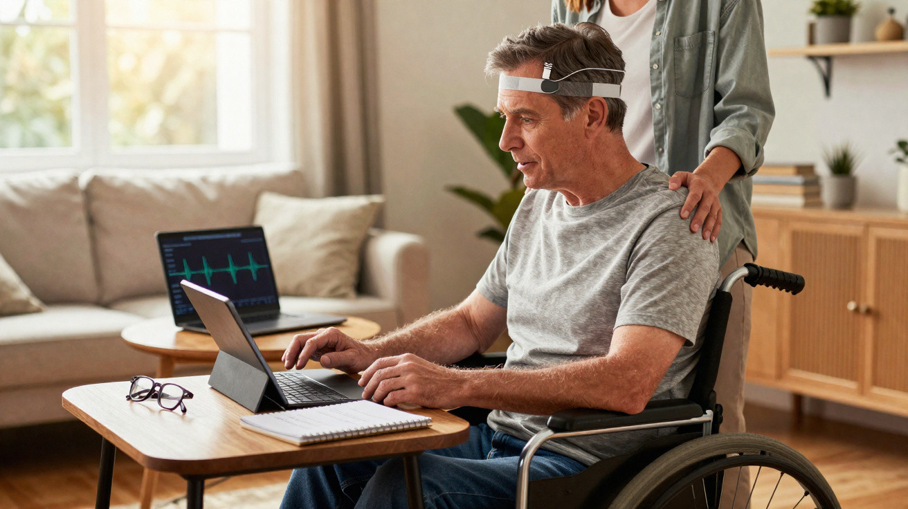 Homem em cadeira de rodas usa dispositivo na cabeça enquanto trabalha num computador portátil em casa com ajuda de uma pessoa