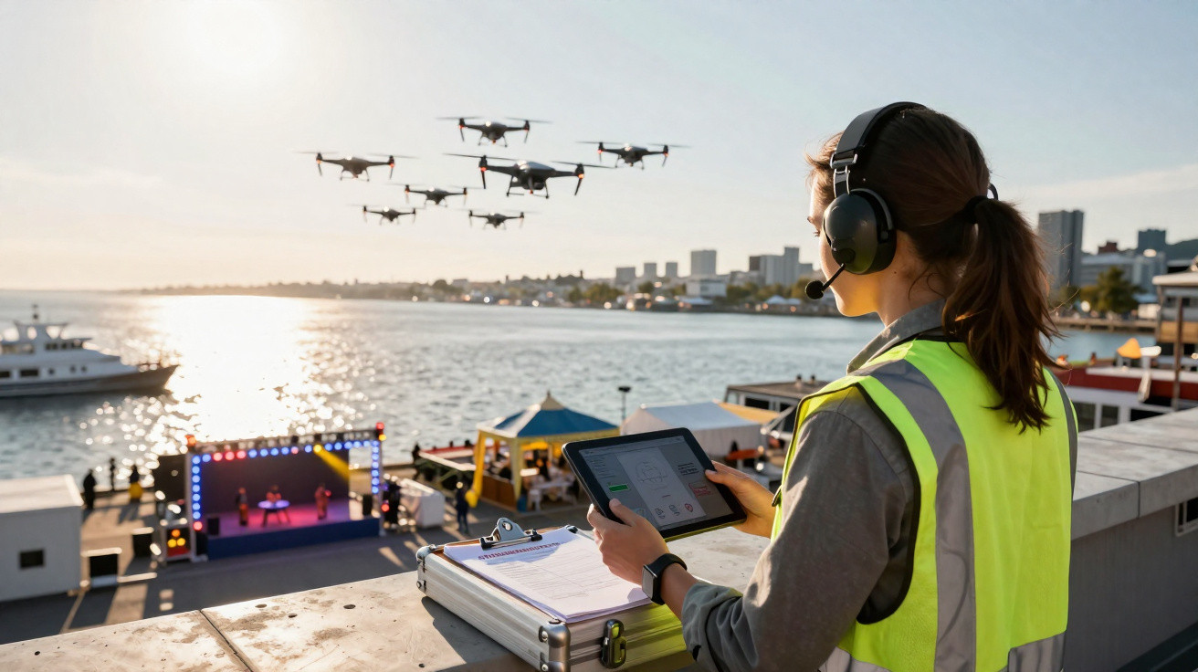 Mulher com colete refletor controla drones com tablet perto de rio durante evento ao pôr do sol.