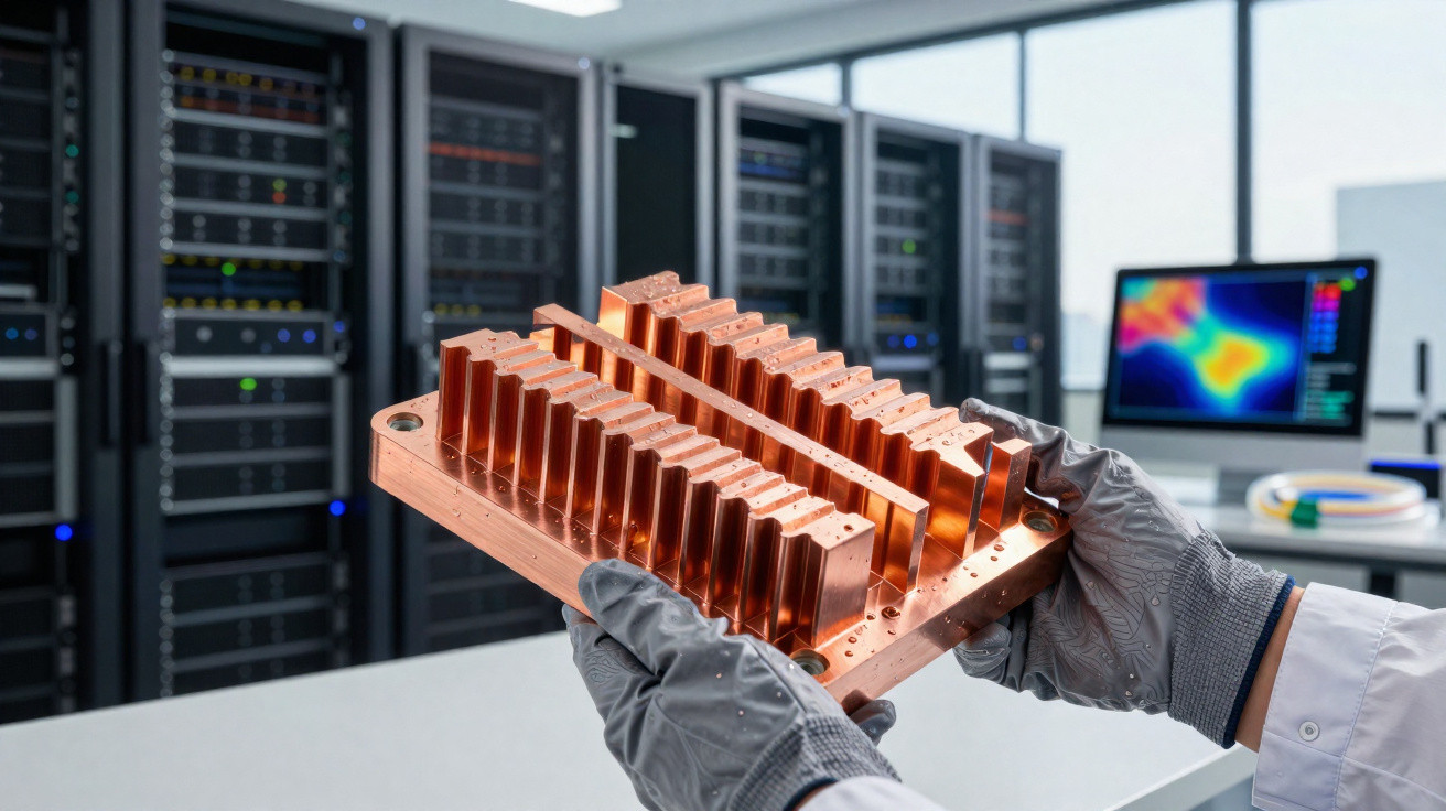 Pessoa com luvas a segurar dissipador de calor em cobre num laboratório com servidores e monitor.