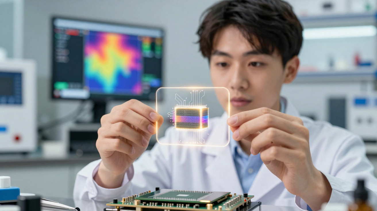 Cientista a segurar um holograma de chip eletrónico num laboratório tecnológico.