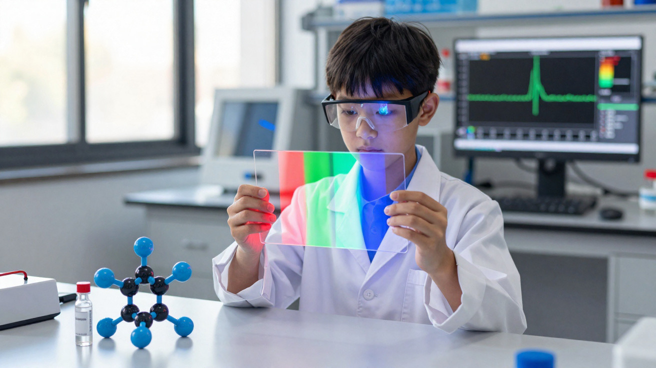 Criança com bata e óculos de proteção analisa painel transparente com luzes coloridas num laboratório.