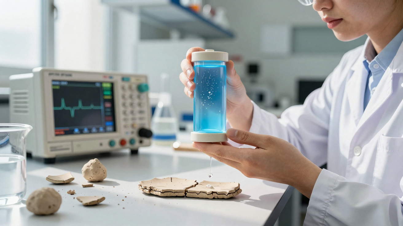 Cientista segura recipiente com líquido azul sobre mesa com solo seco e equipamento de laboratório ao fundo.