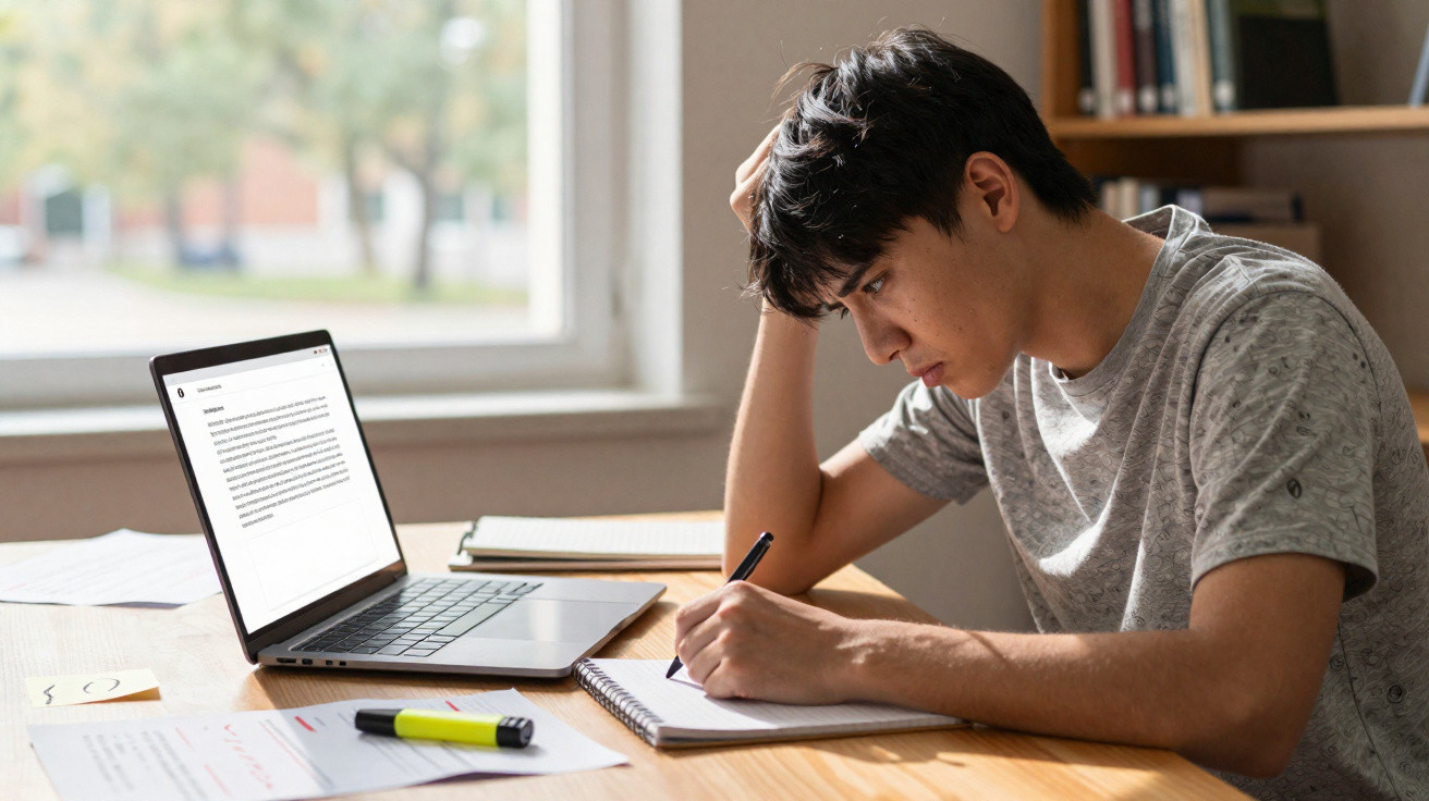 Jovem concentrado a estudar e a escrever num caderno, com um computador portátil aberto num texto.