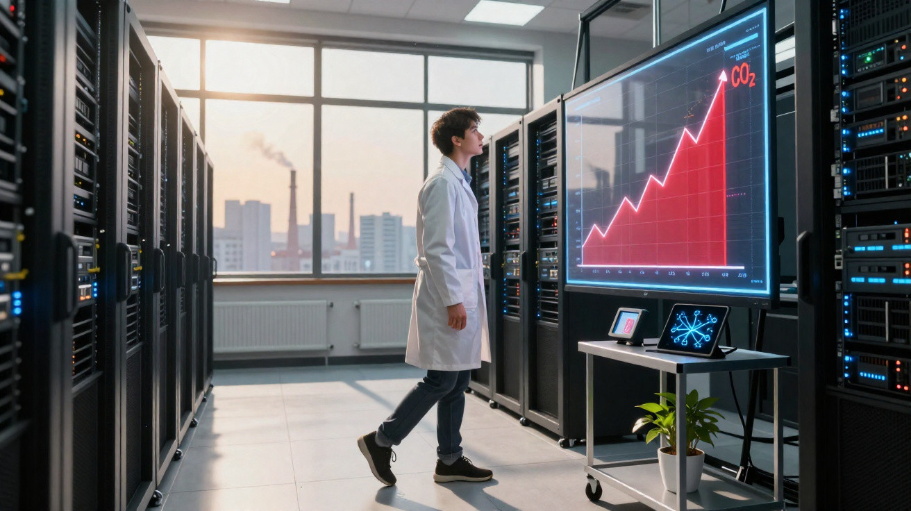 Cientista em laboratório observa gráfico digital que mostra aumento das emissões de CO2 com chaminés ao fundo.