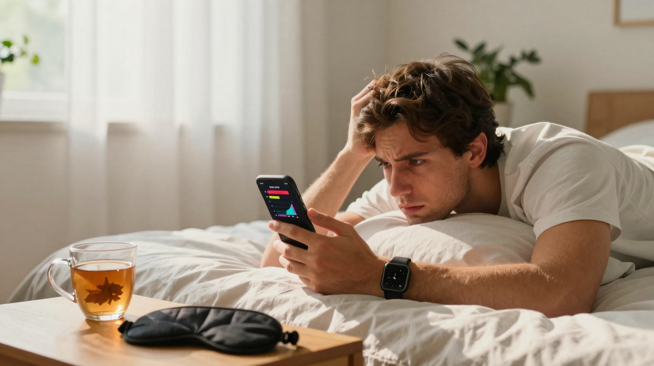 Homem deitado na cama, olhando preocupado para o telemóvel com gráficos e notificações na tela.