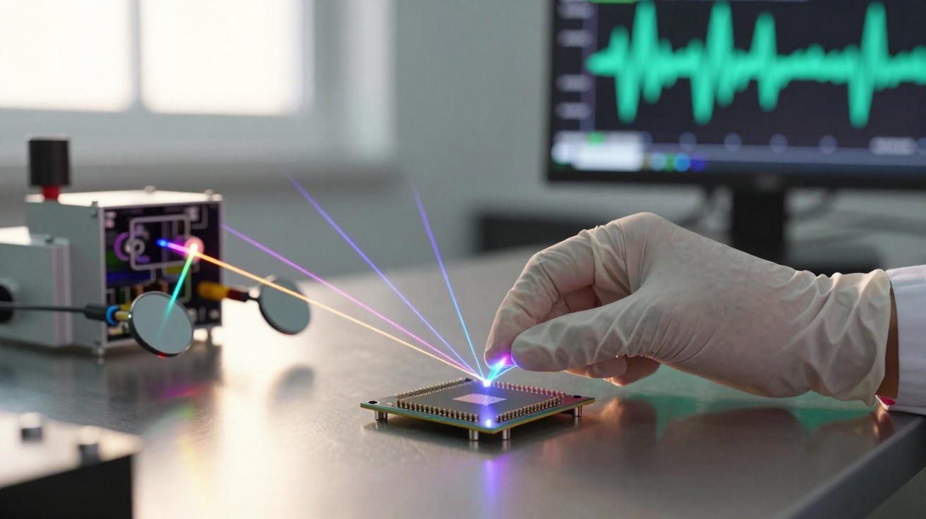 Mão com luva manuseando chip com raios laser coloridos e monitor com gráfico em fundo desfocado.