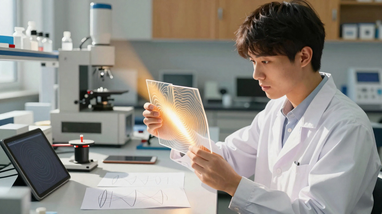 Homem de bata branca analisa painel transparente com gráficos luminosos num laboratório moderno.