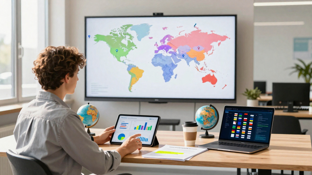 Pessoa a analisar gráficos num tablet numa sala com mapa-múndi e laptop com bandeiras de países.