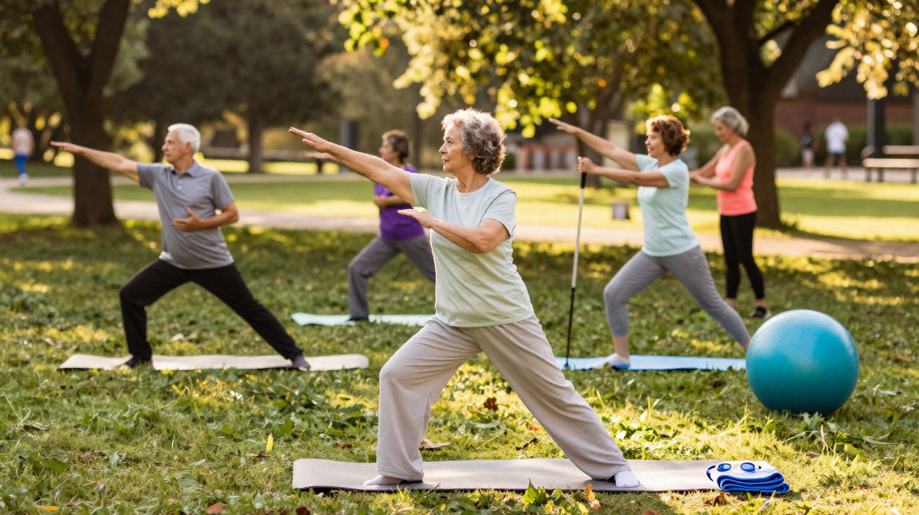 Grupo de idosos a praticar yoga ao ar livre num parque ensolarado.