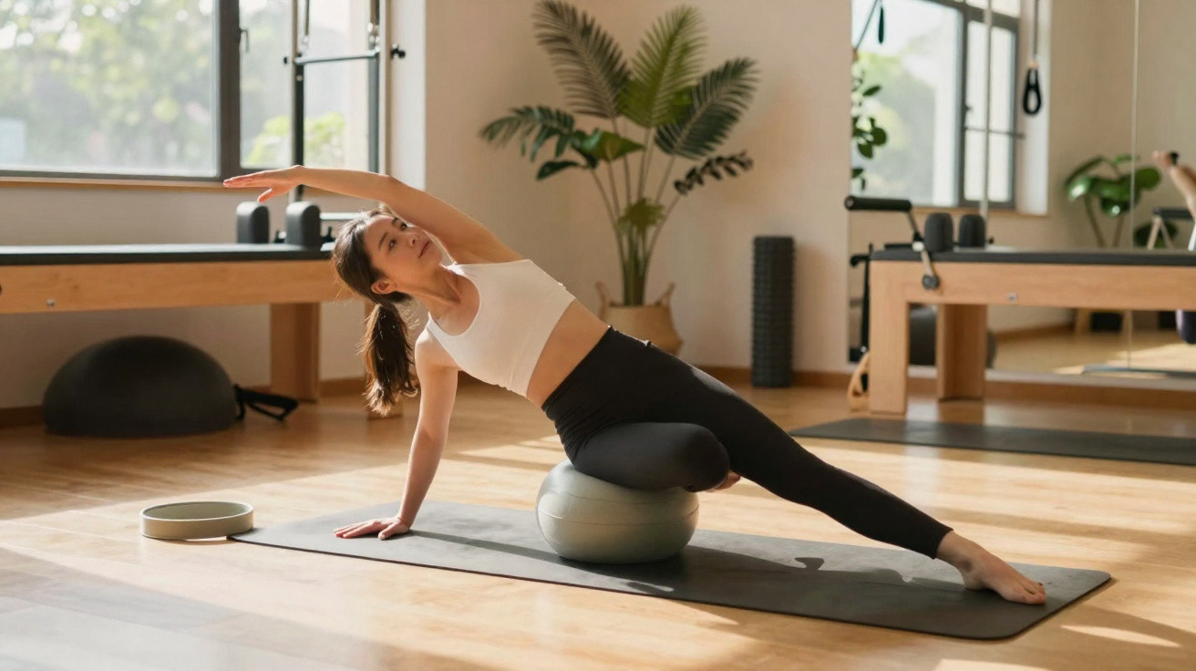 Mulher a fazer exercício de alongamento lateral sentada numa bola de pilates num estúdio iluminado.