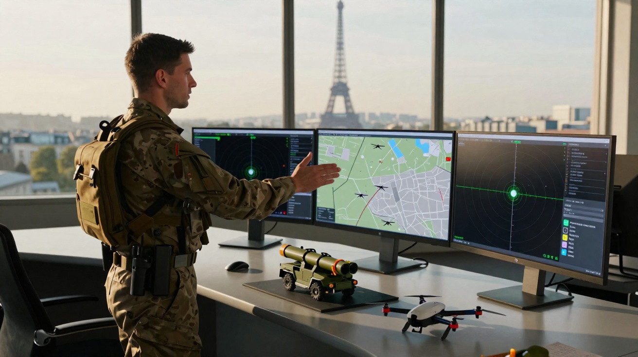 Militar em uniforme observado e a apontar para três ecrãs com mapas e radares num escritório com vista para a Torre Eiffel.