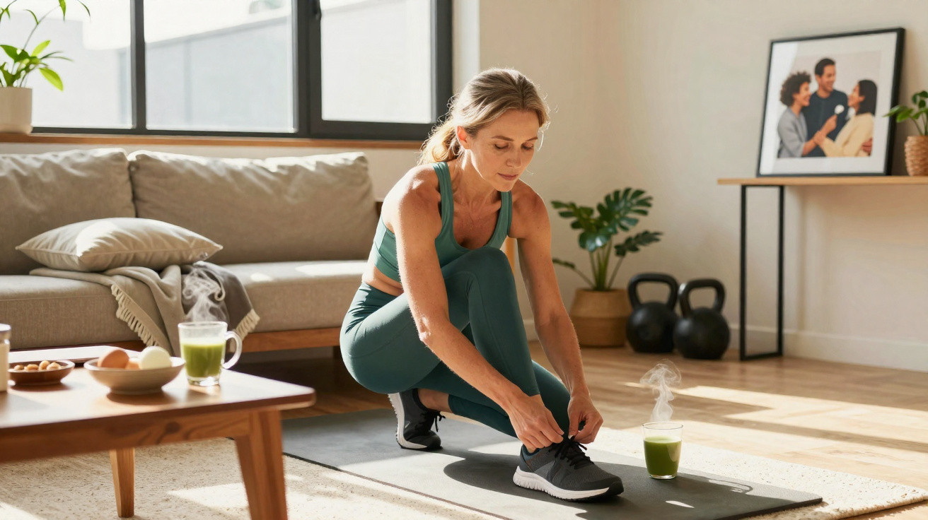 Mulher a amarrar sapatilhas num tapete de yoga numa sala de estar luminosa, com batido verde ao lado.