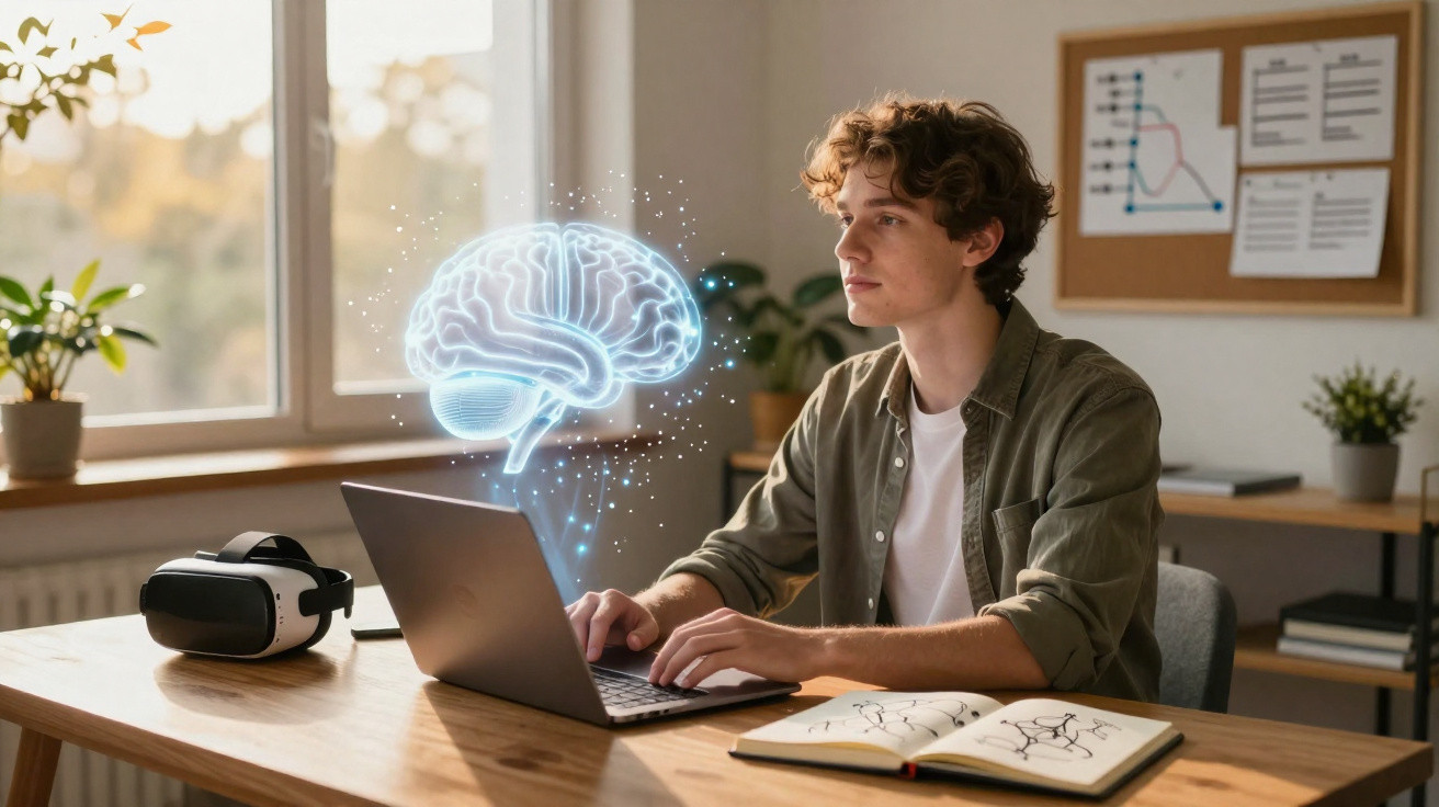 Jovem a usar computador com realidade virtual e imagem de cérebro holográfico numa mesa de trabalho iluminada.