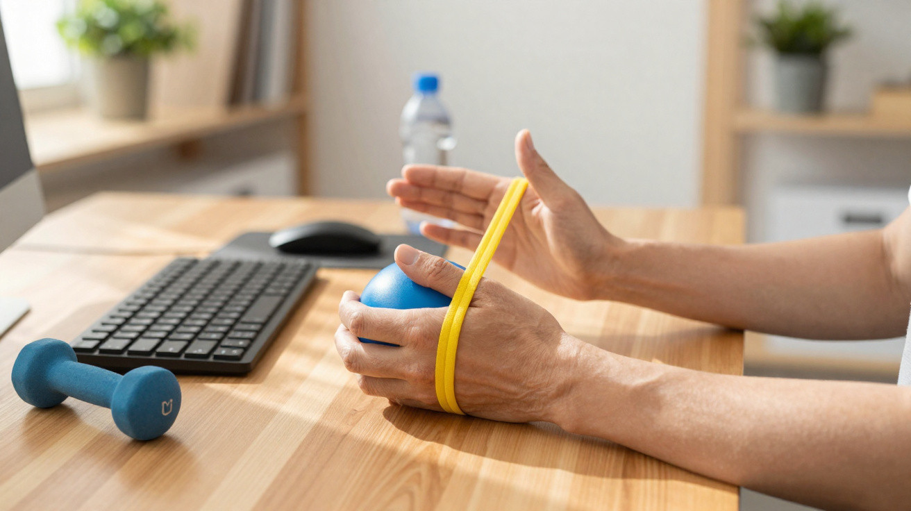 Mãos a exercitar com bola azul e elástico amarelo sobre mesa de madeira com teclado e haltere azul.