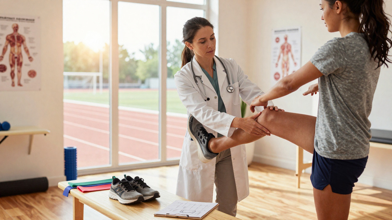 Médica a examinar o joelho de atleta numa clínica de fisioterapia junto a pista de corrida.