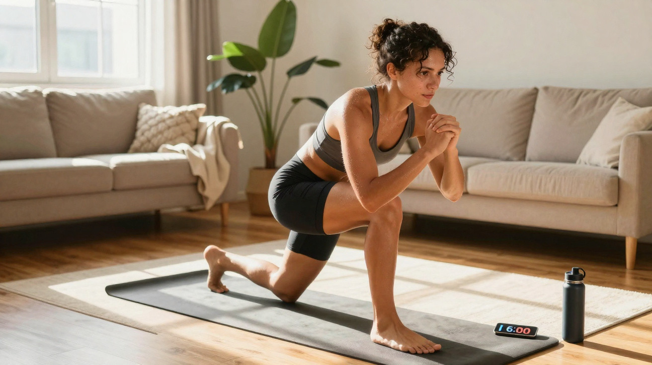 Mulher a fazer alongamento em casa num tapete de yoga, com garrafa de água e smartphone no chão.