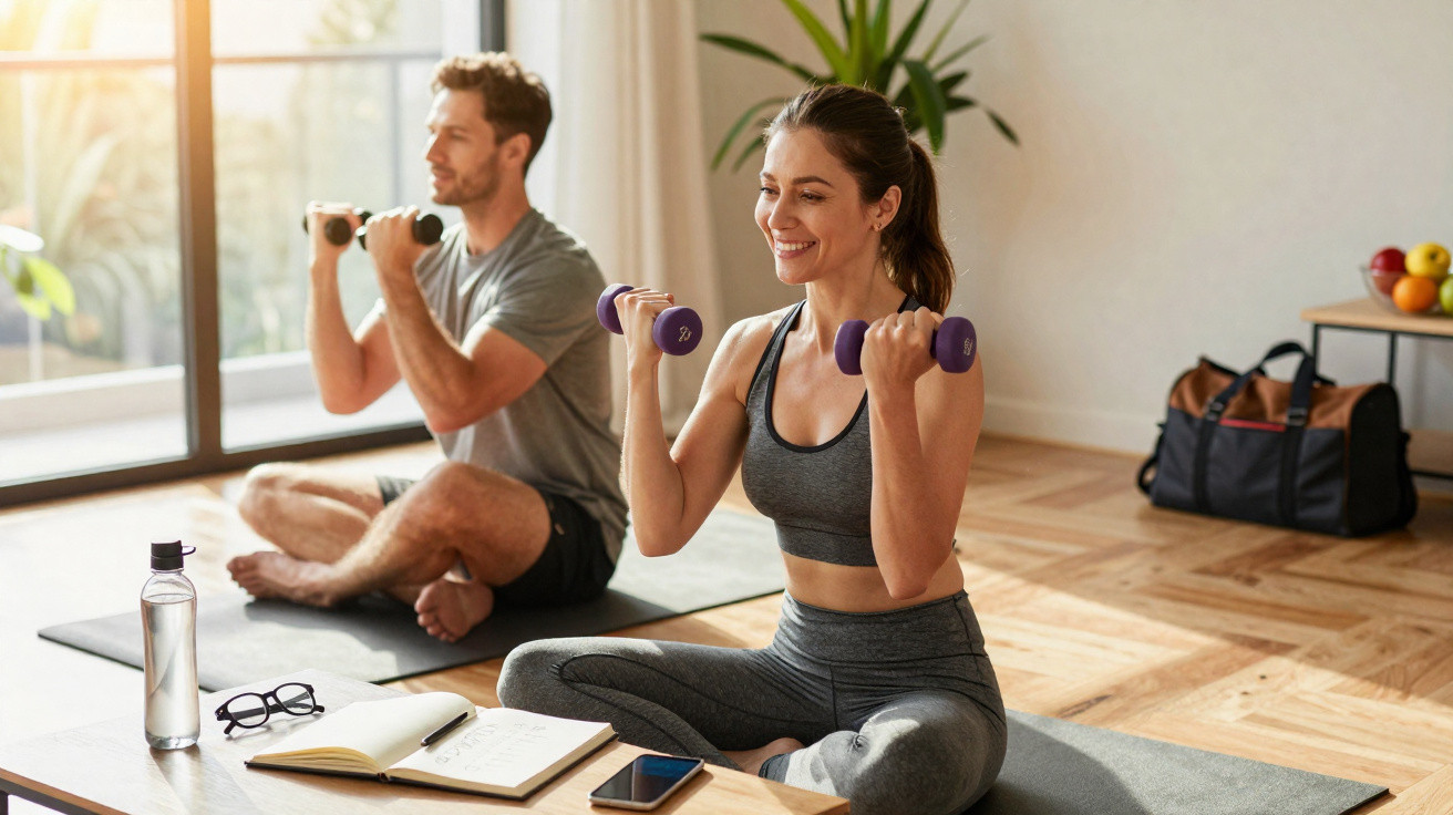 Casal a praticar exercícios com halteres em casa, sentados em tapetes de yoga, sorrindo.