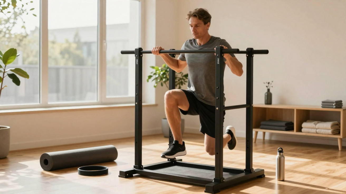 Homem a fazer agachamentos sustentado numa barra de exercício em sala bem iluminada com acessórios de treino.