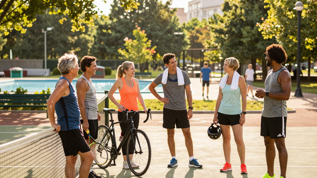 Grupo de seis adultos descontraídos com roupa de desporto a conversar num parque ao final da tarde.