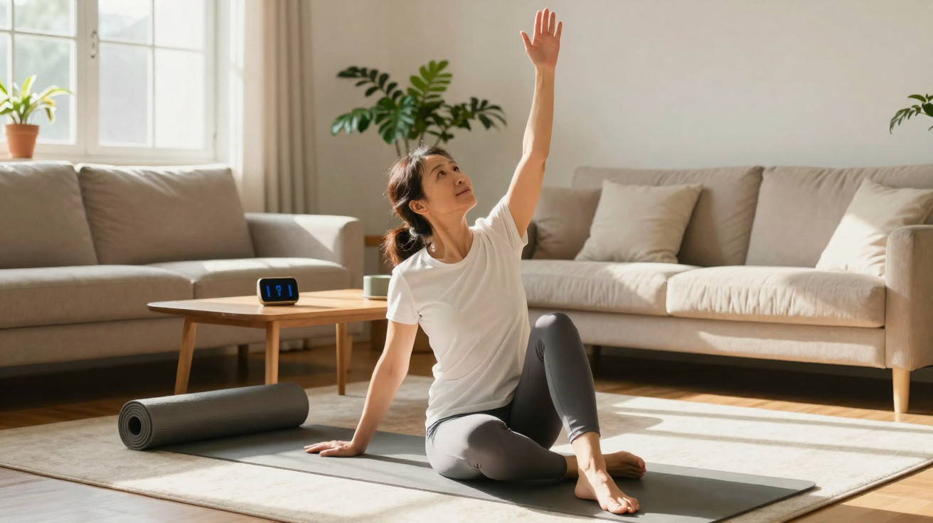 Mulher a praticar yoga sentada num tapete numa sala iluminada com sofá e mesa de madeira.