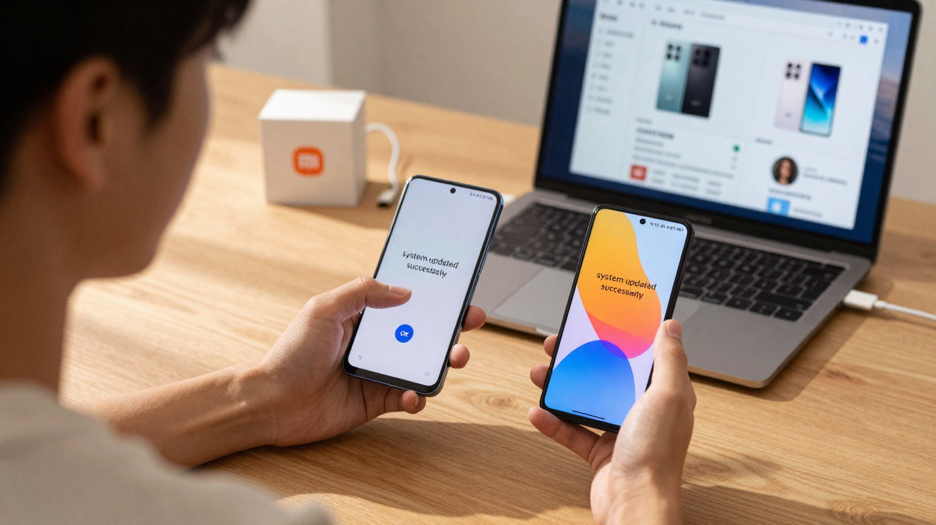 Pessoa a segurar dois telemóveis com atualização de sistema efetuada, com portátil e caixa Xiaomi numa mesa de madeira.