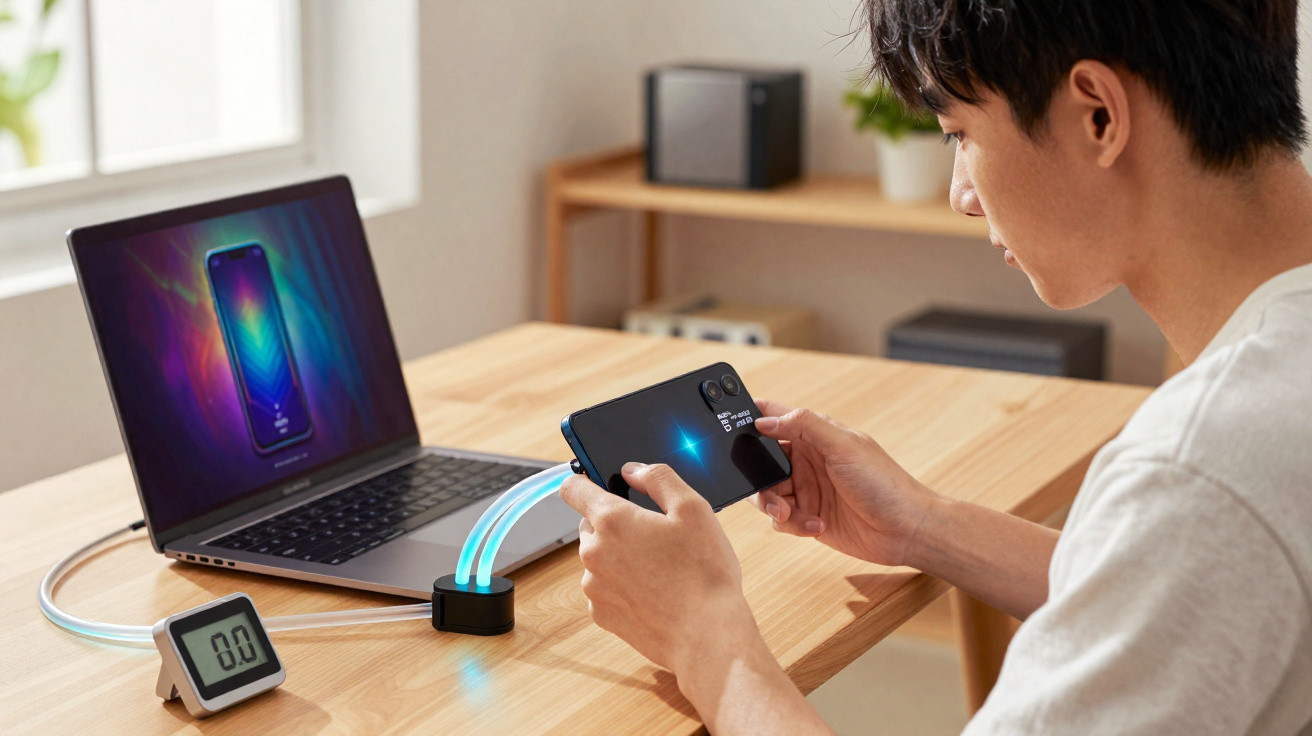 Homem a interagir com smartphone ligado a computador portátil numa mesa de madeira.