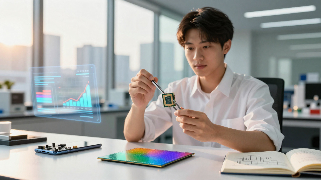 Jovem a analisar um microchip numa sala de laboratório tecnológico com gráficos digitais visíveis.