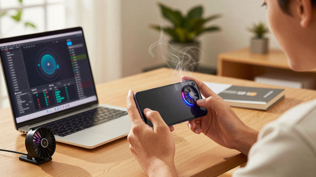 Pessoa a utilizar ventilador portátil circular no smartphone, ao lado de portátil aberto numa secretária.