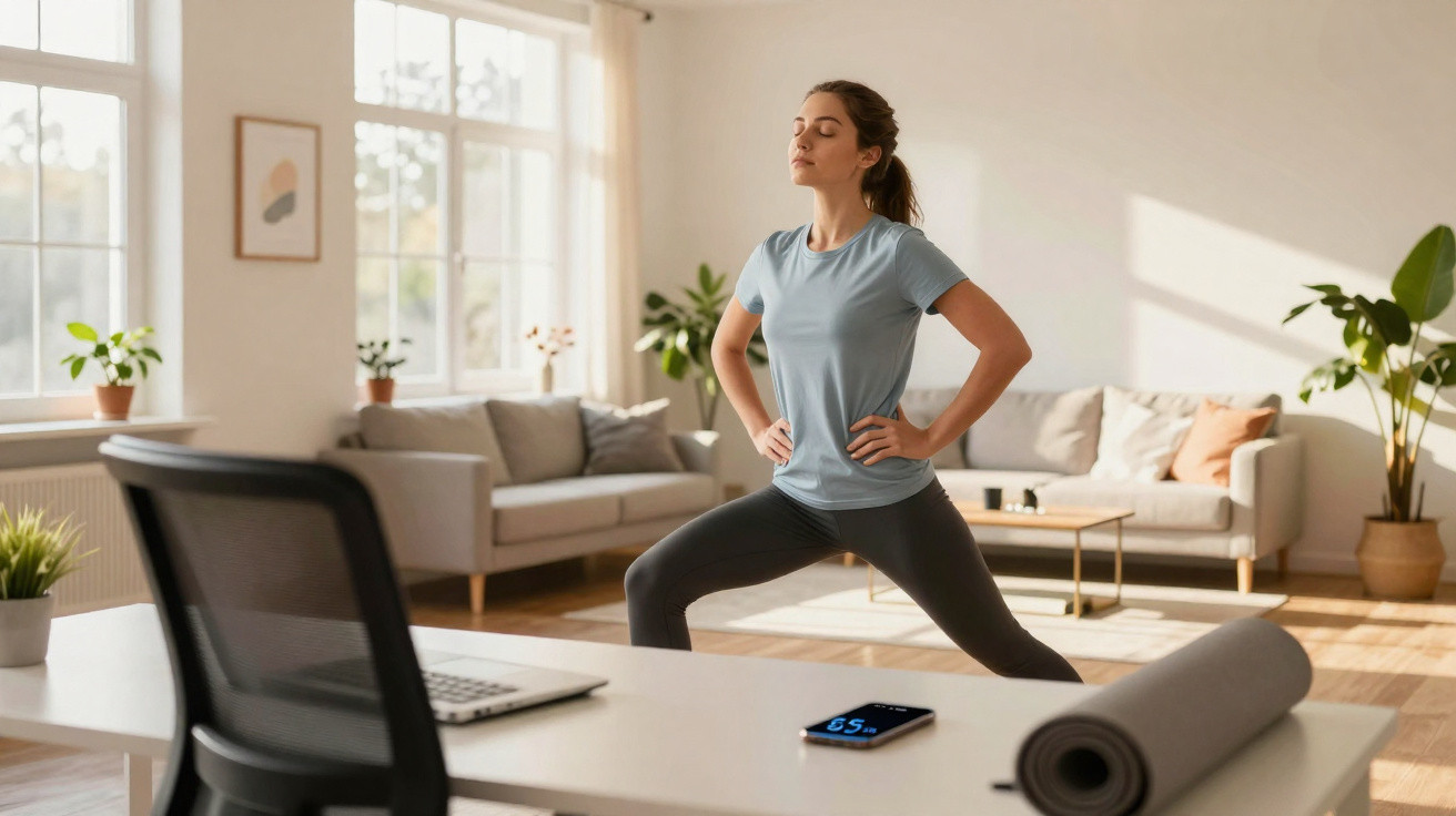 Mulher a fazer exercício de alongamento em casa numa sala com sofá, plantas e computador portátil.