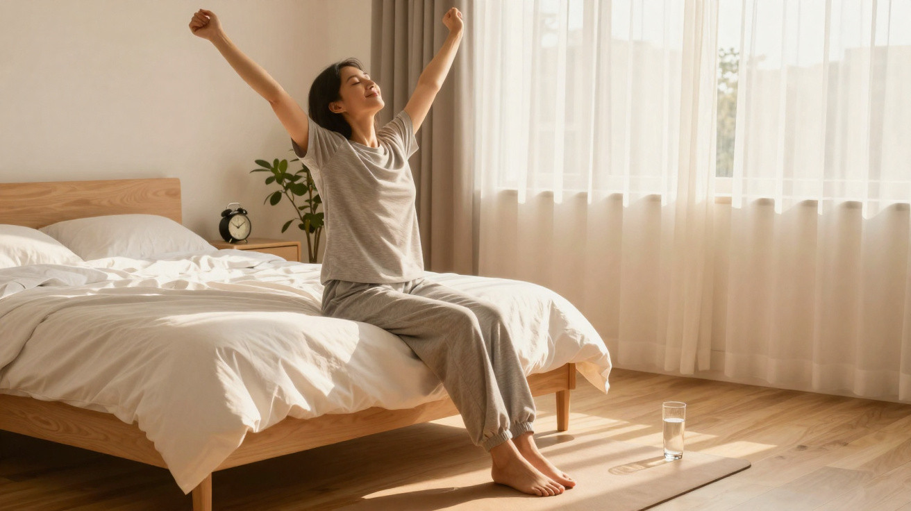 Mulher sentada na cama esticando os braços, luz natural entra pela janela com cortinas brancas.
